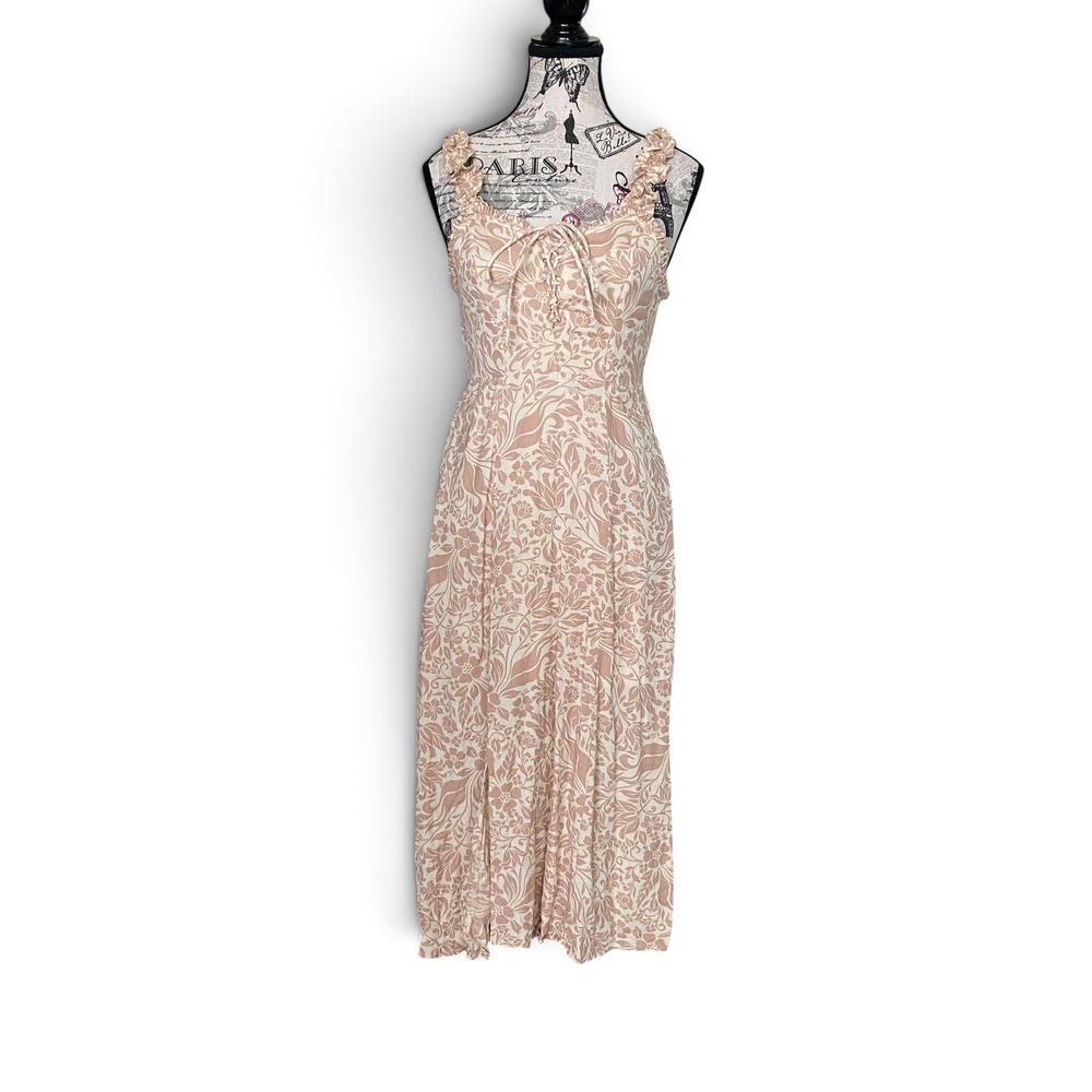 Japna Floral Midi Dress Womens XS Beige‎ Linen Blend Smocked Lace Up Ruffle Boho